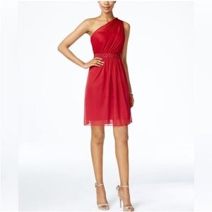 Adrianna Papell One-Shoulder Red Dress with Jewel Studded Waist. 4. NWT. $169!